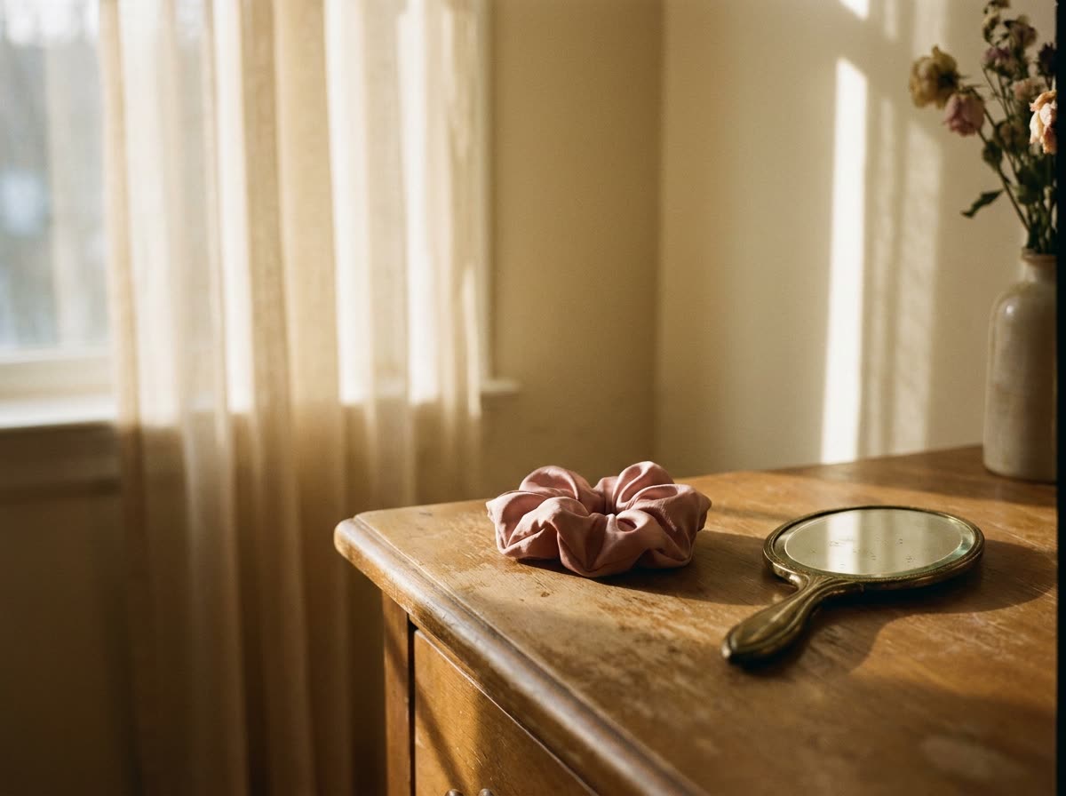 Blush silk scrunchie on a worn wooden dresser in morning light