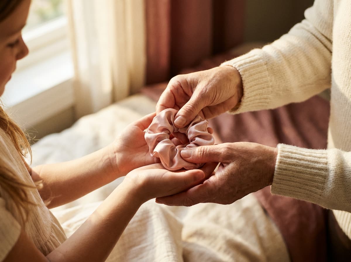 A mother placing a blush scrunchie into her daughter's hands