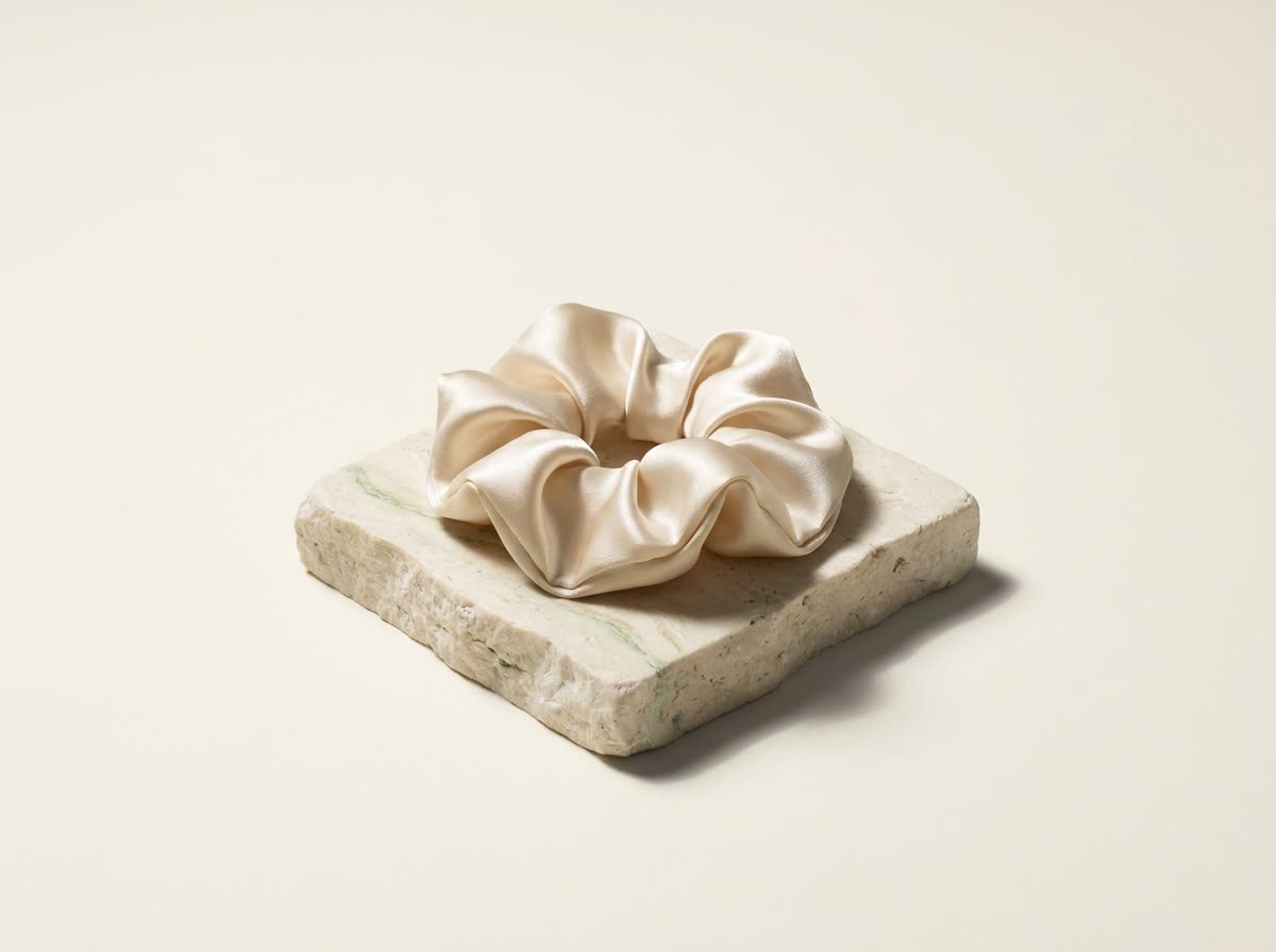 Ivory silk scrunchie on a travertine stone plinth