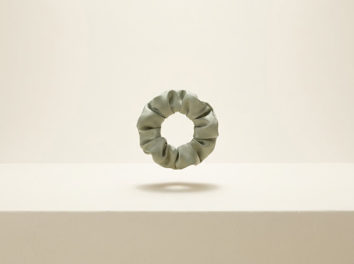Sage silk scrunchie floating centered above an ivory background