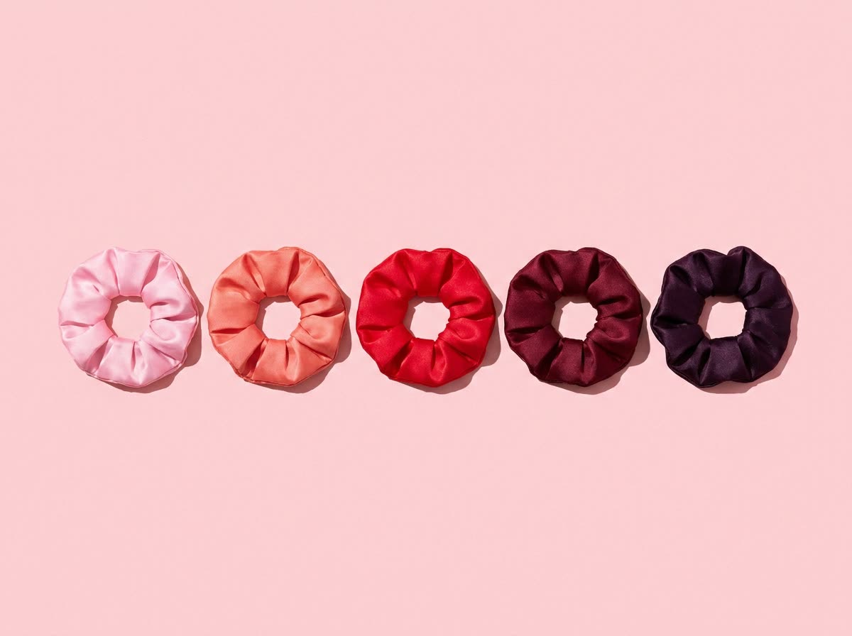 Five scrunchies in a row ageing from pale pink to midnight plum
